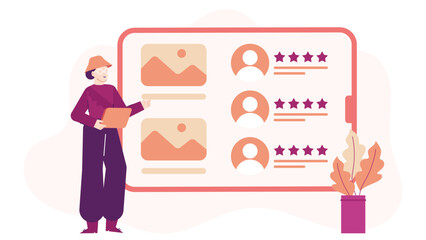 Woman displays positive customer reviews and images on a tablet, perfect for advertising, marketing, testimonials, ecommerce, technology, and content creation.