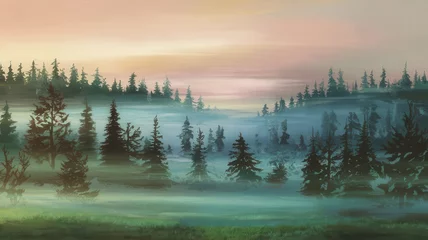 Papier peint photo Forêt brumeuse Dreamy landscape scene with fog shrouded evergreen trees in serene misty light  © Rumput