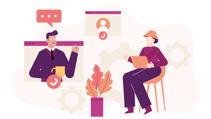 Two people video conference online; one holds a mug, the other a tablet. Suitable for websites, social media, and business presentations.