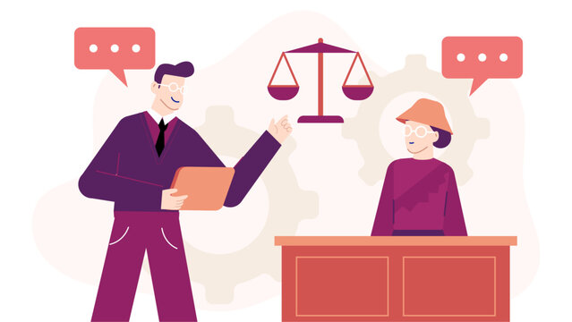 Lawyer consulting client on legal matters. Suitable for law firm website, blog post, legal presentation, marketing materials, or educational content.