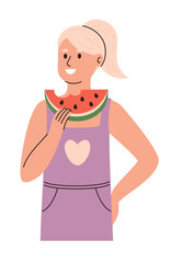 Woman smiling and holding a slice of watermelon. Flat vector illustration.