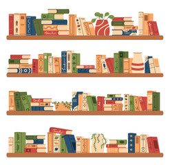 Large set of shelves with different books. Flat vector illustration. © Kateryna Moskaleno