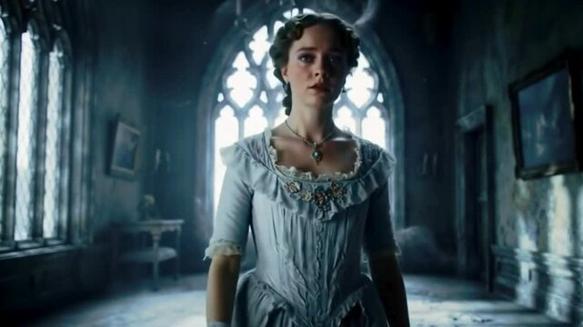 Beautiful Female Ghost in White Dress Drifting Through a Haunted House Hallway.