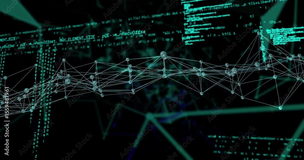 Poster at start glowing nodes pulsing and rotating while code panels merging visualizing data flow network