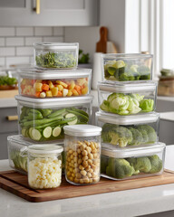 Resistant starch. Kitchen countertop with meal prep containers and labels in a kitchen setting.