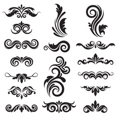 Fototapeta premium Collection of intricate vintage art silhouette floral elements featuring swirls flourishes and decorative ornamental designs for artistic compositions.