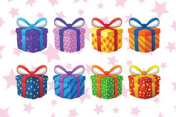 Gift Box Present with Various Bright Colorful Wrapper 3D Cartoon Set Collection Vector