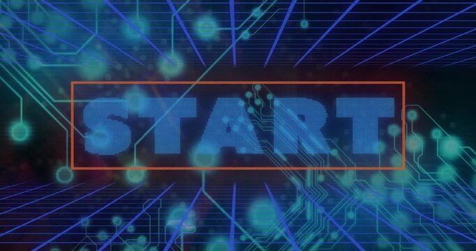 Opening grid showing circuit traces, fading START drawing orange frame signaling launch