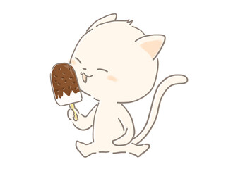 チョコアイスを食べる白猫のイラスト