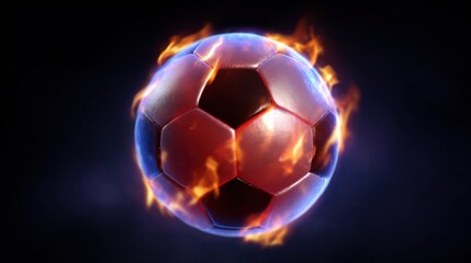 Naklejka premium A soccer ball engulfed in vibrant flames, set against a dark background, creating a dynamic and intense visual effect.