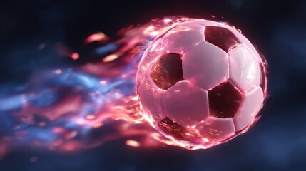 Naklejka premium A soccer ball engulfed in vibrant flames, creating an intense and dynamic motion effect against a dark background.