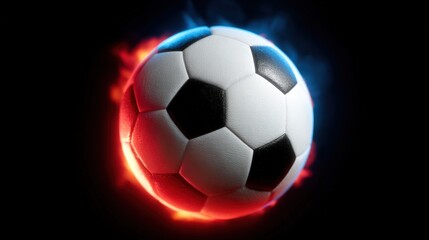 A soccer ball enveloped in fiery red and cool blue flames against a dark background, symbolizing dynamic energy and passion in sports.