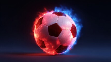 A soccer ball engulfed in fiery red and blue flames against a dark background, symbolizing passion and intensity in sports.