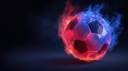 Fototapeta premium A dynamic soccer ball engulfed in red and blue flames against a dark background, symbolizing energy and passion in sports.