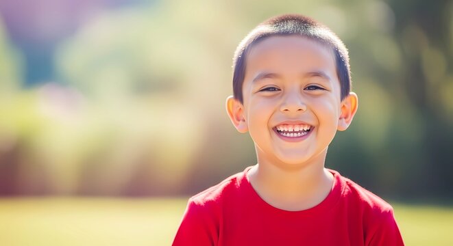 Happy smiling boy outdoors in red shirt on a sunny day with green background