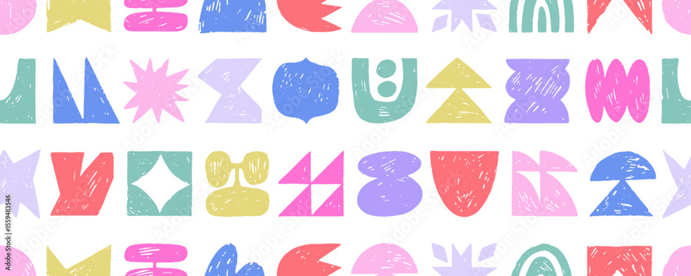 Poster colorful funky seamless pattern with geometric playful shapes. naive brutal figures background. cray