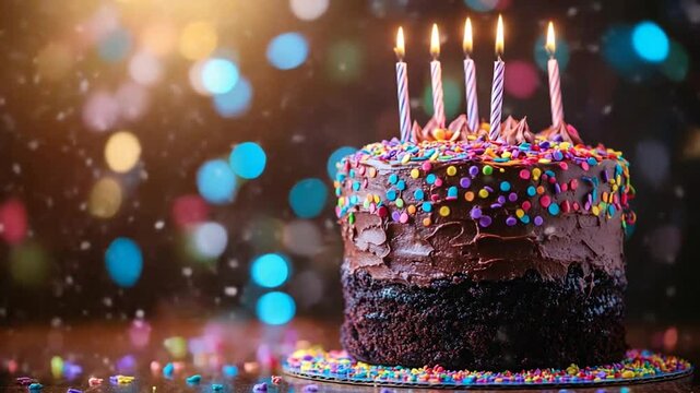 Chocolate birthday cake with colorful sprinkles and lit candles, festive background with bokeh lights, celebration theme in UHD 4K video 