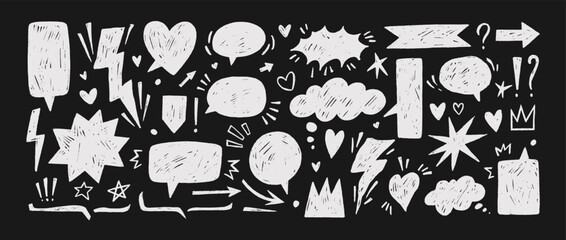 Punk chalk drawn speech bubbles, expression symbols, doodle elements on blackboard. Hand drawn vector dialogue balloons. Sketch underline, emphasis icons, arrows, speech bubble shapes collection. © Anastasiia Hevko