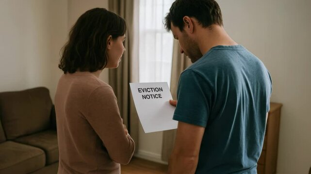 Couple eviction notice concern home crisis hardship worry stress anxiety facing financial hardship during great depression housing future stability