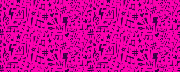 Bright pink seamless pattern with crayon drawn musical notes, lightnings, hearts and stars. Hand drawn musical background. Colorful punk wrapping paper. Funky childish design banner.