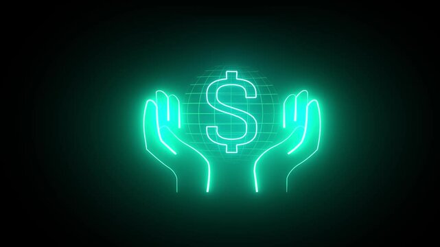 ✅ Businessman Displaying Glowing Neon American Dollar Sign Icon &ndash; Symbol of Money, Profit, Investment, Business Growth, Economic Finance, and Success Concept
