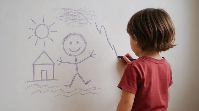 Child drawing on wall expressing creativity and hope with house sun smiley face during great depression joy and happiness stick figure scribble
