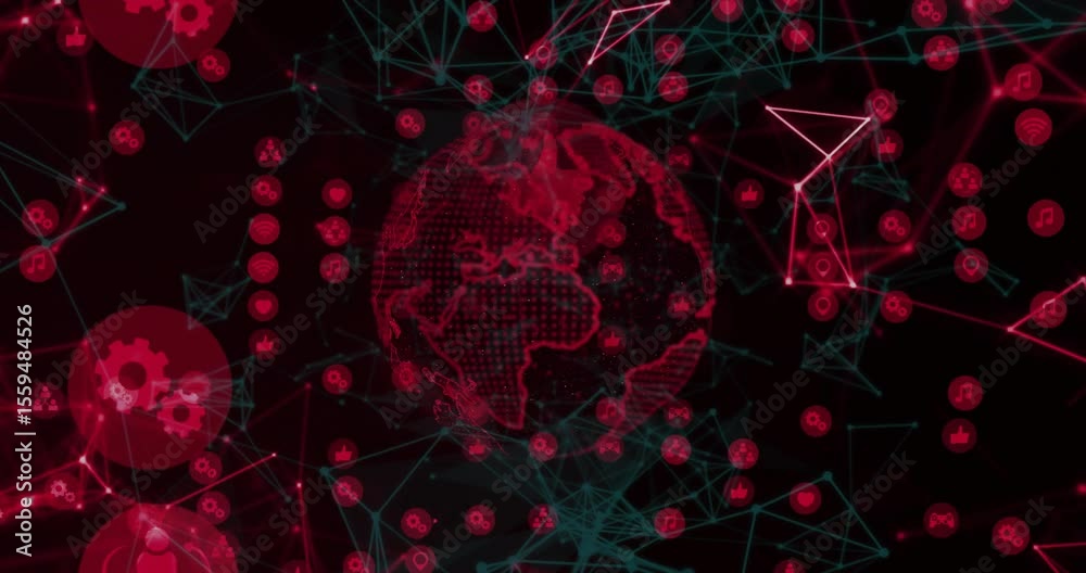 Poster glowing red nodes and network lines animating wireframe globe, rotating icons visualizing network