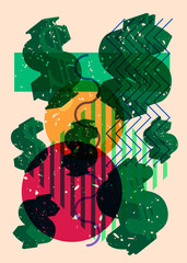 Risograph Dollar Sign with geometric shapes. Objects in trendy riso graph print texture style design with geometry elements.