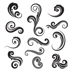 Elegant set of black vintage art silhouette flourishes and swirly design elements isolated on a white background