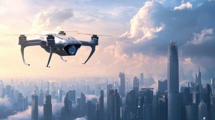  futuristic drone flies above a sprawling cityscape with tall skyscrapers under a dramatic, cloudy sky at sunset.