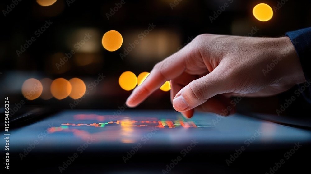 Wall mural hand touching digital tablet screen displaying financial data with bokeh lights background