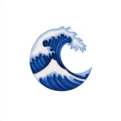 Blue Wave in Circular Frame Stylized Japanese Art Illustration