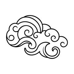 Black and white cloud illustration with swirling lines and decorative elements
