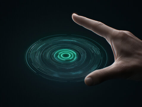  hand reaches toward a glowing, circular digital interface with concentric rings and data points on a dark background.