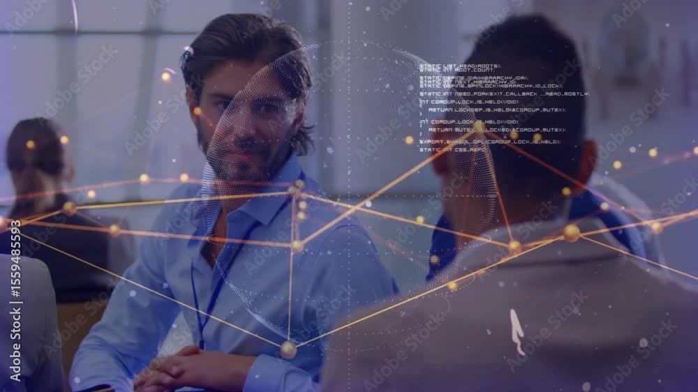 Poster business professionals analyzing network plan under fading overlay, rotating globe and code snippet