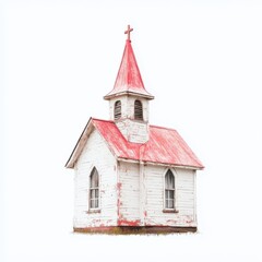 Rustic White Chapel with Red Roof on White Background