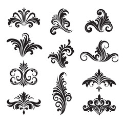 Nine elegant black vintage art silhouette ornamental design elements suitable for decorative invitations and classic design projects