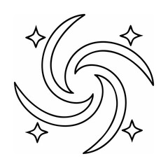 Black and white swirling design with four star shapes on white background