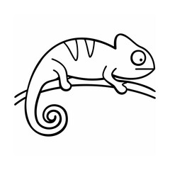 Black Line Art Chameleon Perched on Branch with Curly Tail
