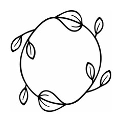Black and white circular floral frame with leaves on a white background