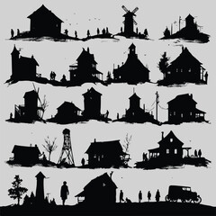 Obraz premium village silhouette set, Black & White silhouette set