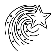 Black outline shooting star with small stars on white background