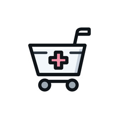 White Medical Cart Icon with Pink Cross, Wheels and Black Outlines Isolated
