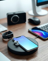 Wireless Charging Station with Smartphone, Smartwatch, and Earbuds on Wooden Desk