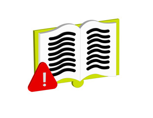 Simple 3D illustration of an open book icon with a warning sign,  transparent background, PNG format