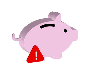 Simple 3D illustration of a piggy bank icon with a warning sign. Transparent background, PNG format.