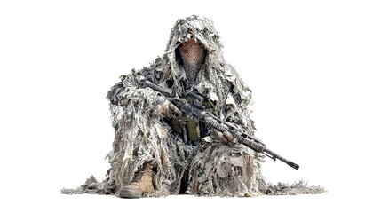 and keyword list based on the image, following your specifications

 Sniper Crouching With Rifle In Camouflage Suit Against A White Background