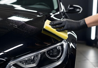 Hands applying ceramic coating to glossy black car using sponge under studio light