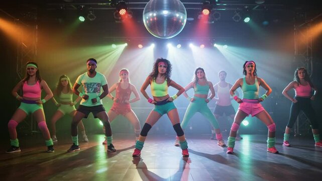 Energetic 80s Aerobics Dance Class with Retro Style and Vibrant Neon Colors Exciting Dance Moves