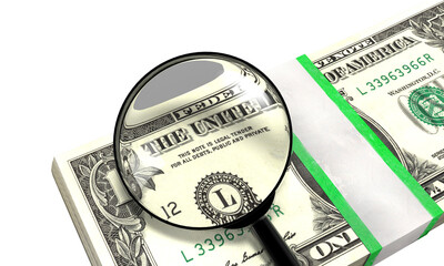 Magnifying glass inspecting the legal tender text on a stack of one us dollar bills on a...